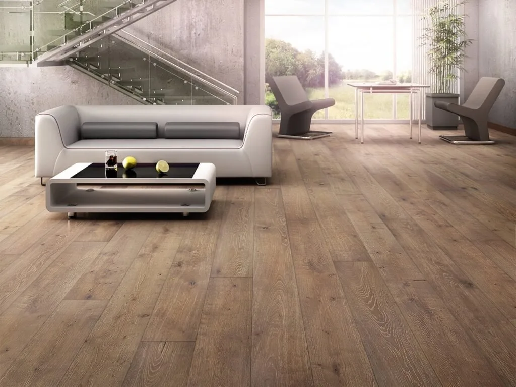 Living room with wide, warm-brown white oak planks
